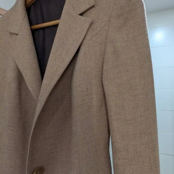 Vintage 1990s Custom Tailored Beige Wool Herringbone Blazer S/M - Picture 10 of 11
